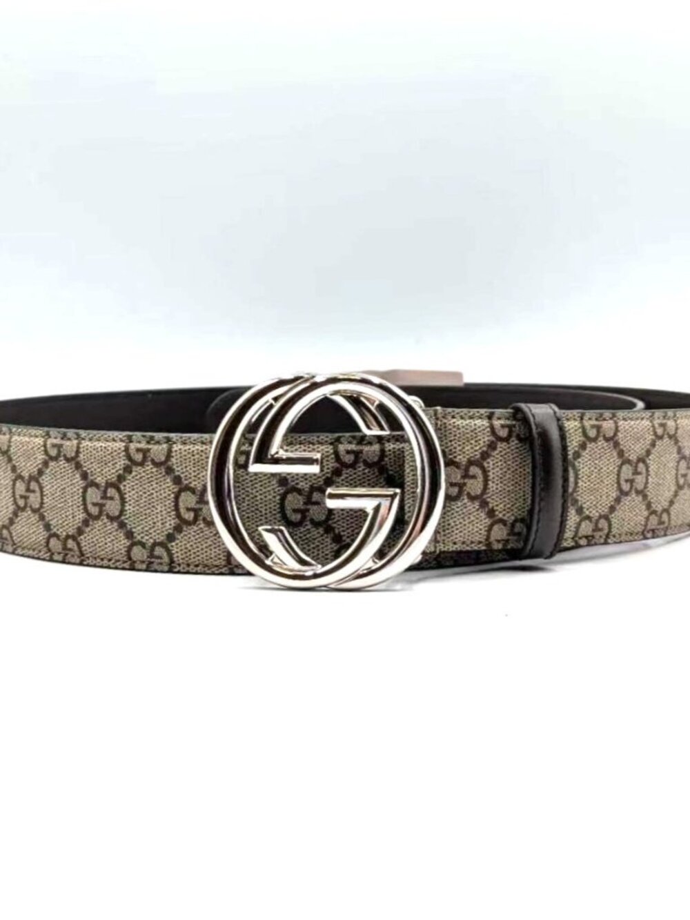 Gucci Men’s Supreme Interlocking G W40mm Silver Buckle Calfskin Belt Ebony Cocoa